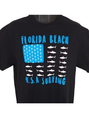 Florida Beach T Shirt Mens Size Large Black USA Surfing Great White Shark Flag